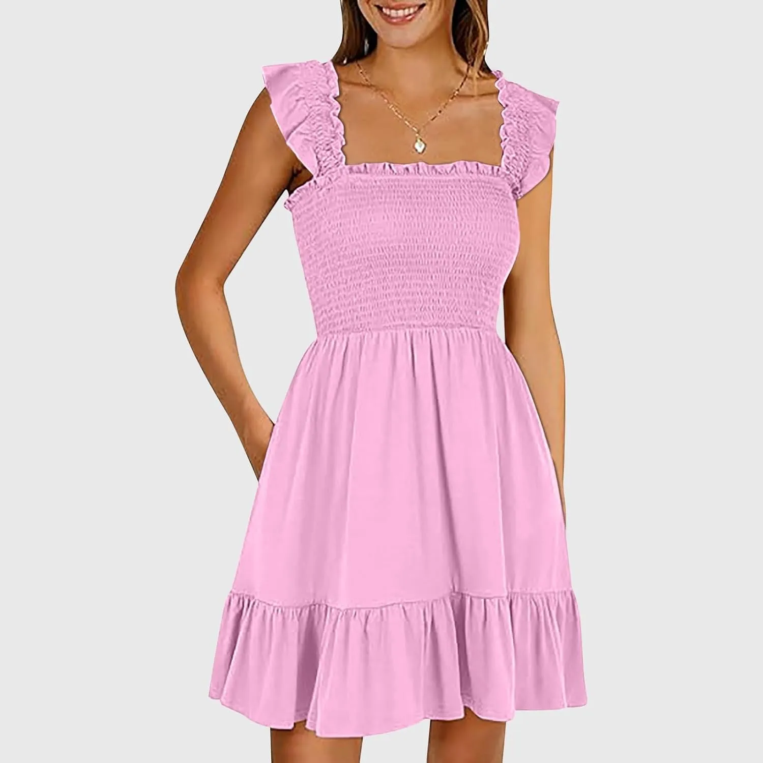 Women Summer Dresses 2025 Casual Boho Smocked Ruffle Sun Beach Babydoll Mini Dress Layered Flowy Swing Dress