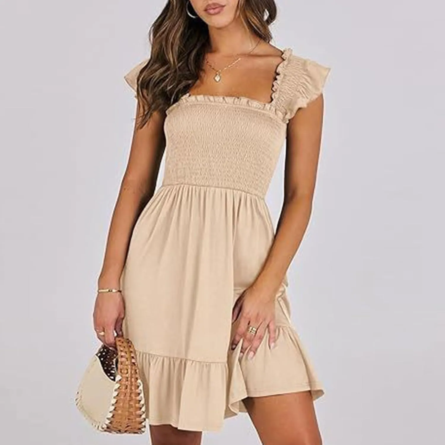 Women Summer Dresses 2025 Casual Boho Smocked Ruffle Sun Beach Babydoll Mini Dress Layered Flowy Swing Dress