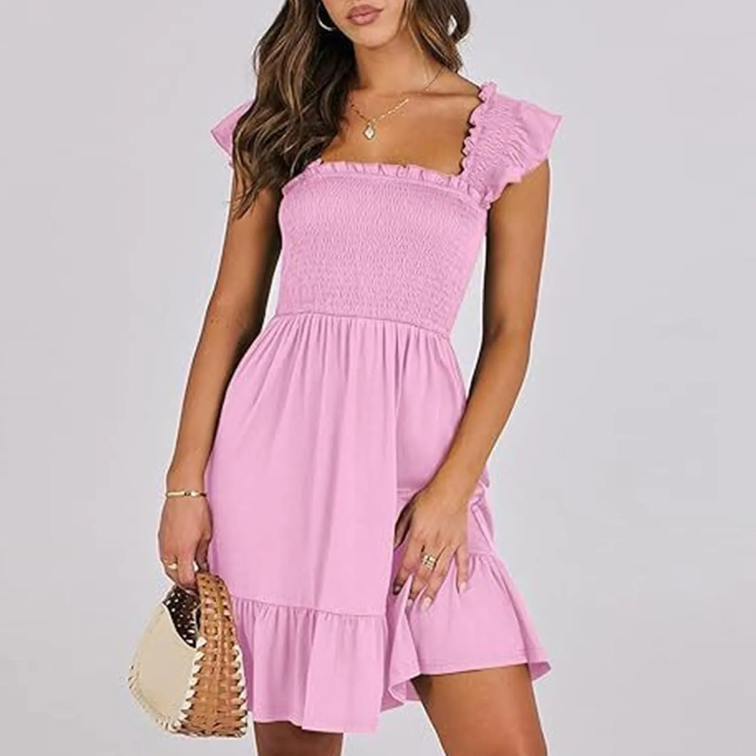 Women Summer Dresses 2025 Casual Boho Smocked Ruffle Sun Beach Babydoll Mini Dress Layered Flowy Swing Dress
