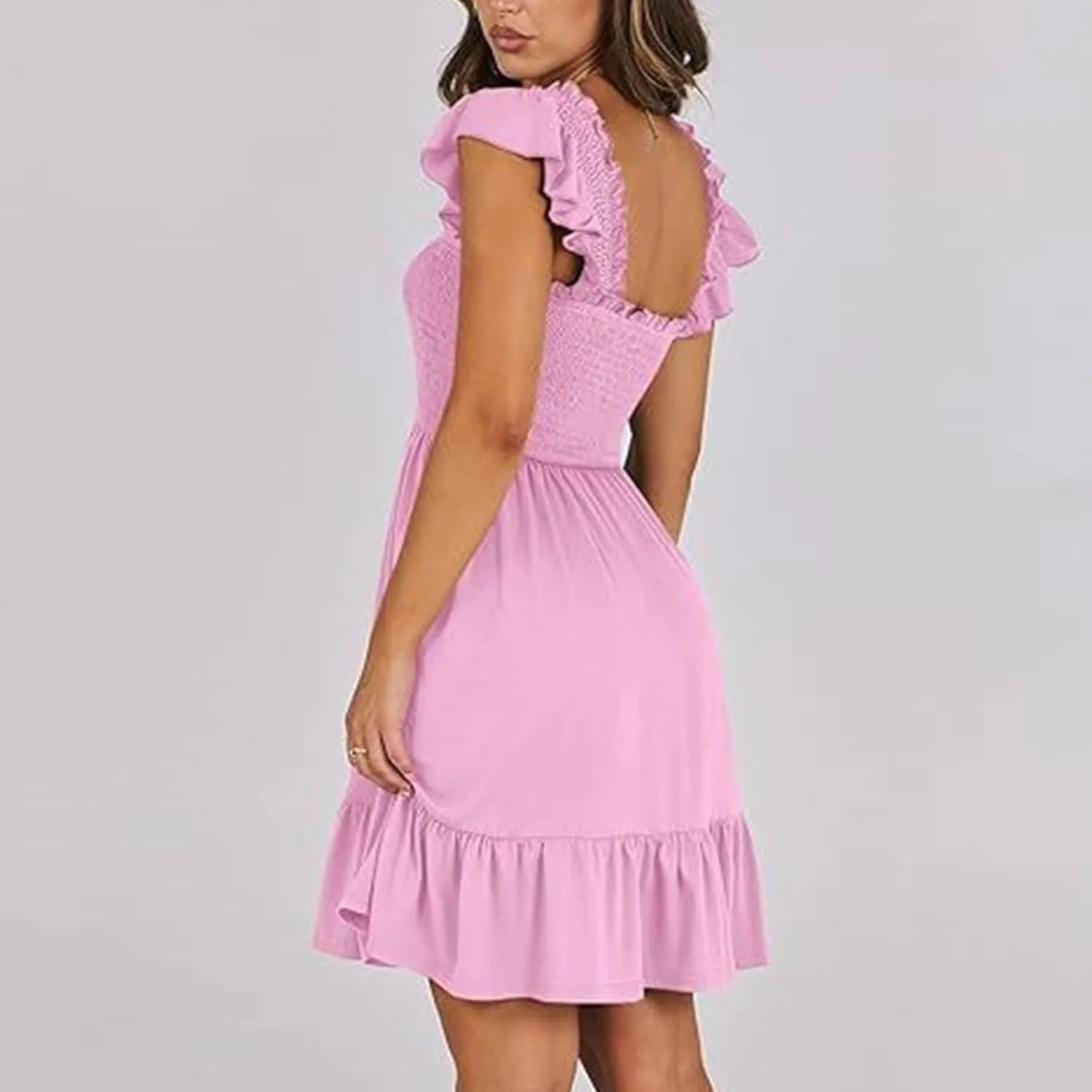 Women Summer Dresses 2025 Casual Boho Smocked Ruffle Sun Beach Babydoll Mini Dress Layered Flowy Swing Dress