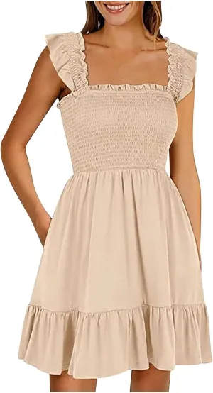 Women Summer Dresses 2025 Casual Boho Smocked Ruffle Sun Beach Babydoll Mini Dress Layered Flowy Swing Dress