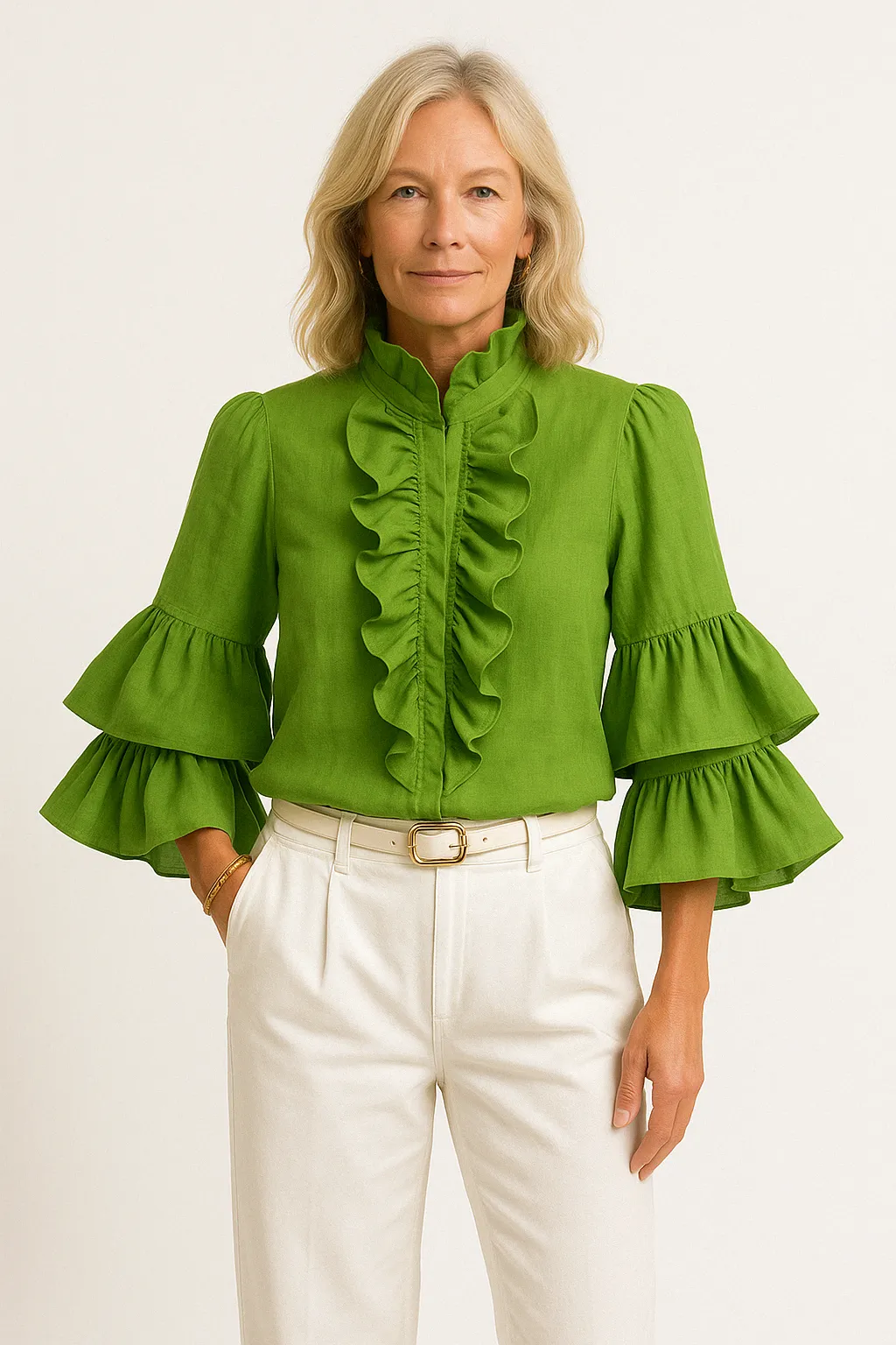 Womens Blouse  Loose Fit  High Neck  Ruffled Tiered Long Sleeve  Breathable Fabric