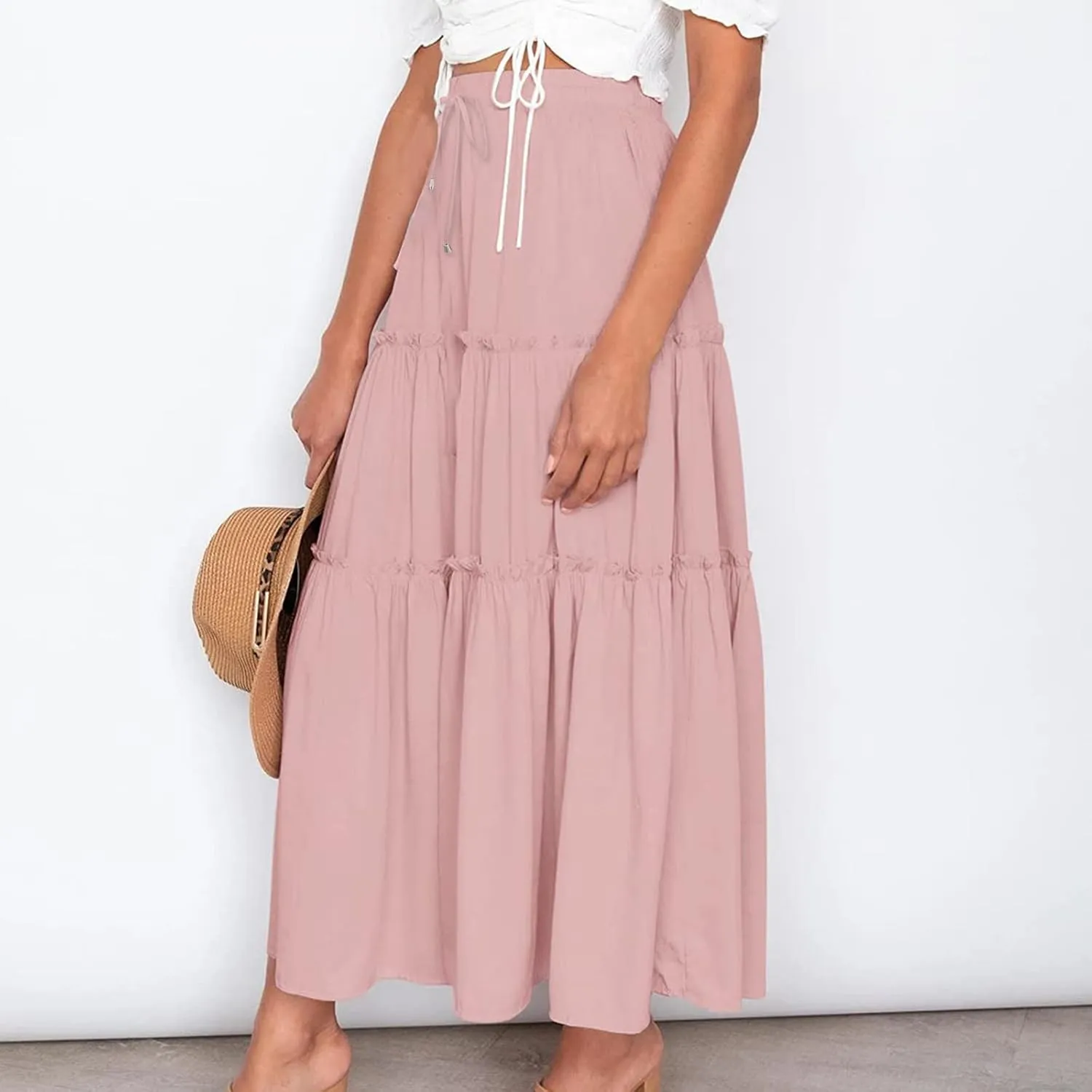 Women's Boho Long Skirts Summer Casual Ruffle Tiered Swing Beach Dress Drawstring Elastic Waist A-Line Maxi Skirt