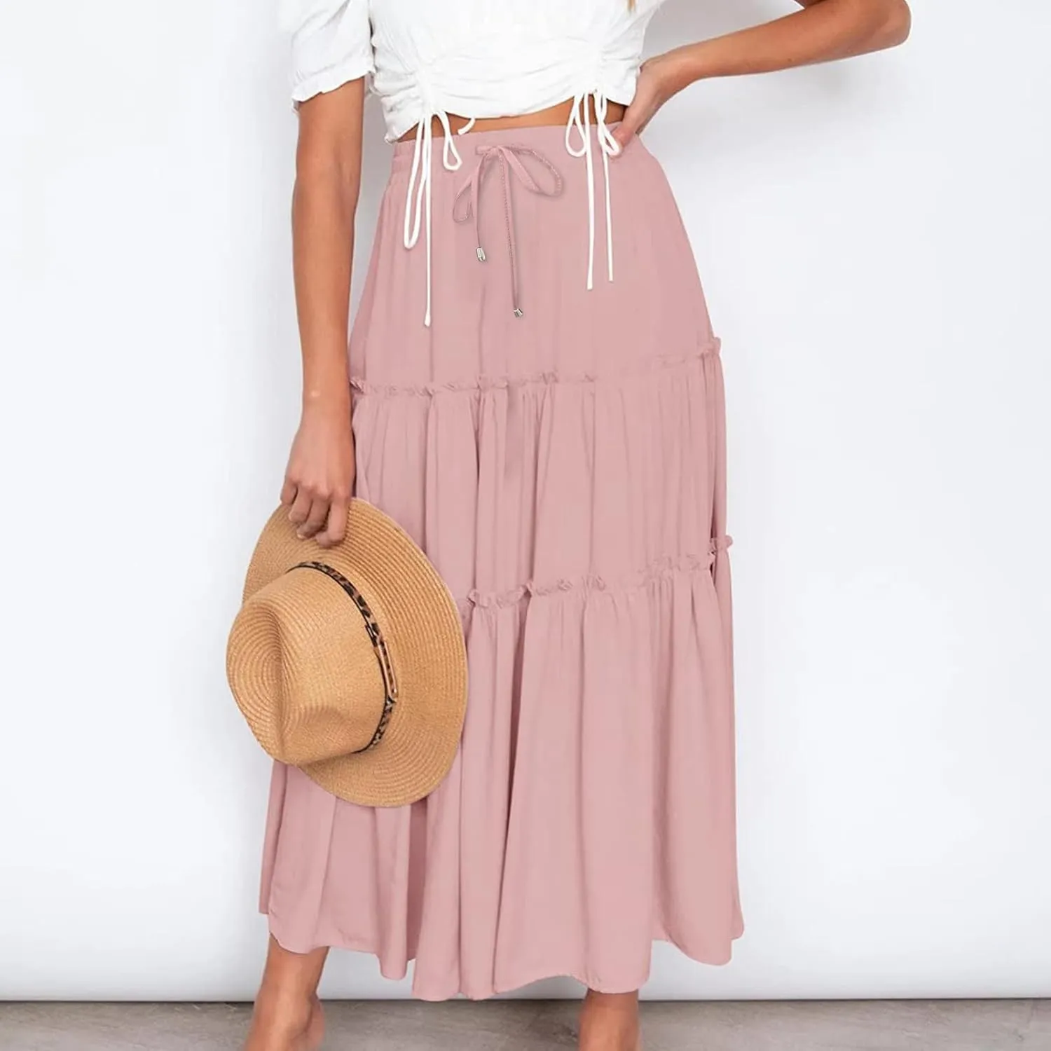 Women's Boho Long Skirts Summer Casual Ruffle Tiered Swing Beach Dress Drawstring Elastic Waist A-Line Maxi Skirt
