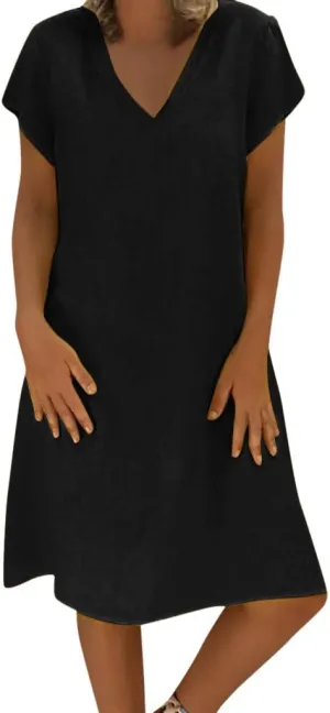 Women's Cotton Linen Midi Dresses V Neck Short Sleeve Plus Size Summer Dress Casual Beach Sundress Vacation Clothes 2025