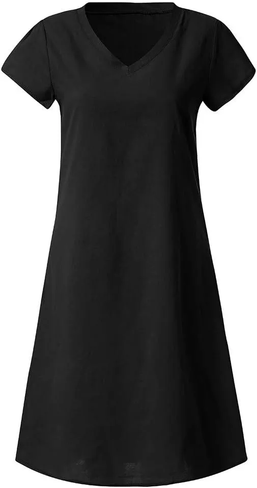 Women's Cotton Linen Midi Dresses V Neck Short Sleeve Plus Size Summer Dress Casual Beach Sundress Vacation Clothes 2025