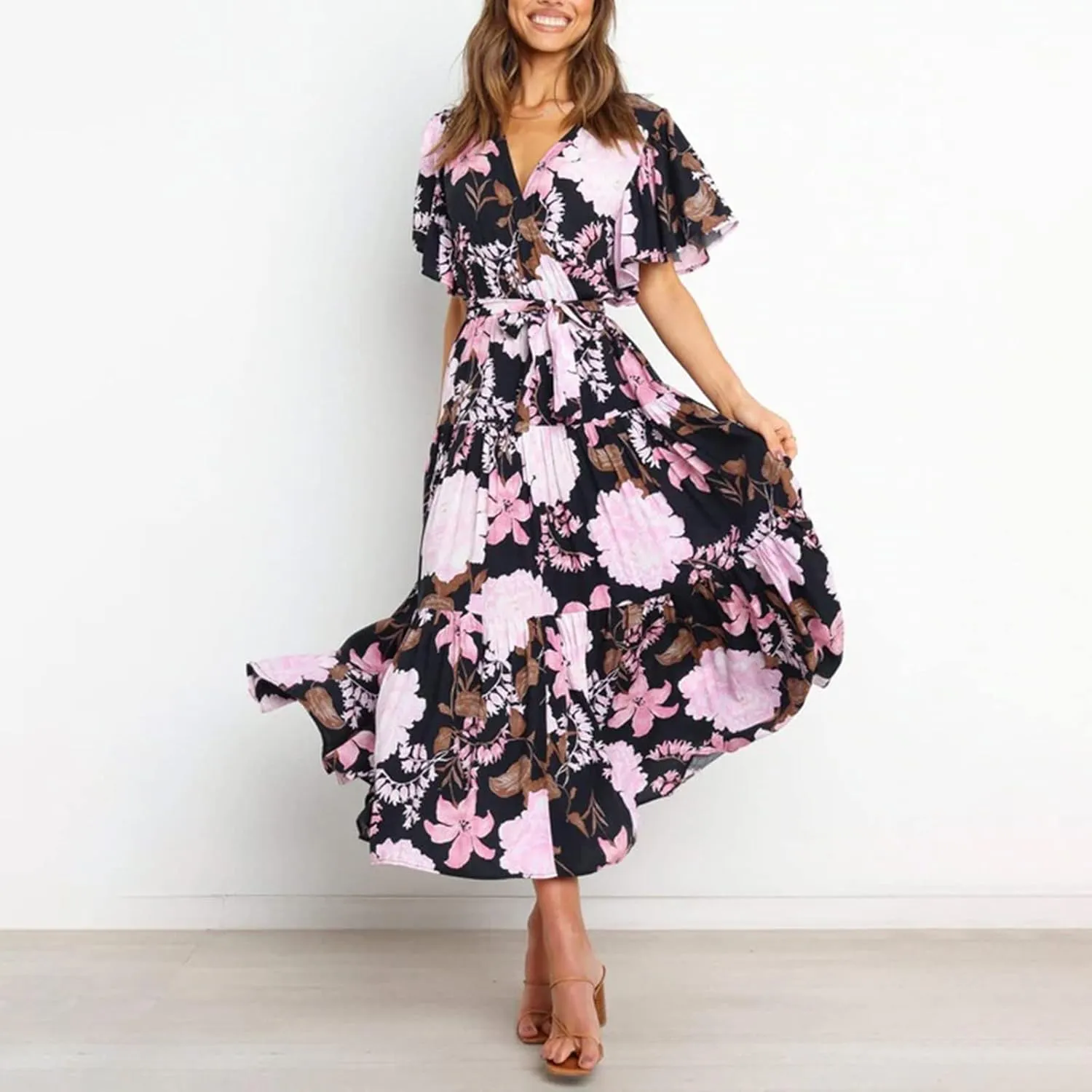 Womens Dresses V Neck Ruffle Sleeve Ankle Length Gowns Flowy Pleated Swing Wrap Boho Beach Dress