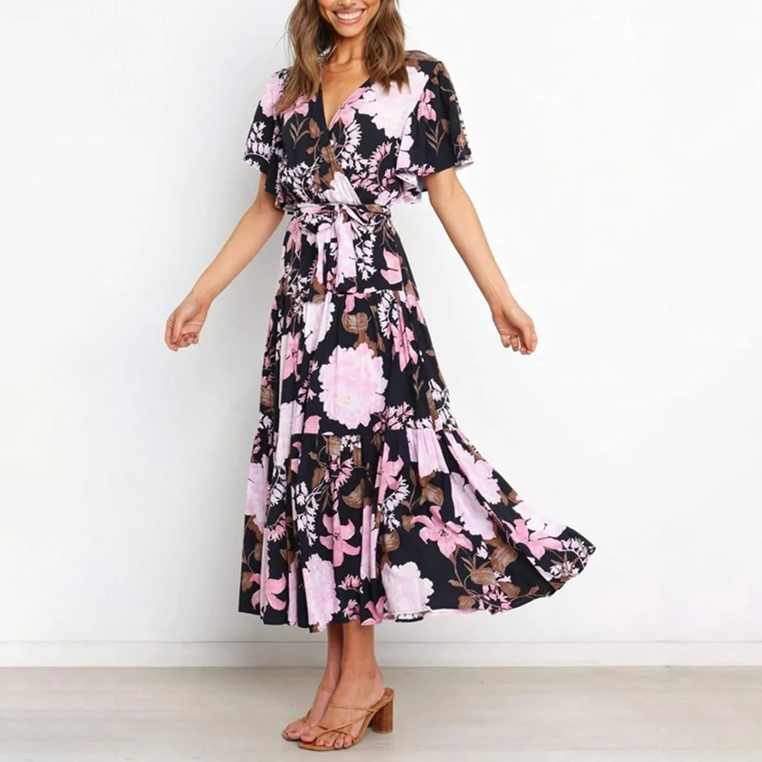 Womens Dresses V Neck Ruffle Sleeve Ankle Length Gowns Flowy Pleated Swing Wrap Boho Beach Dress