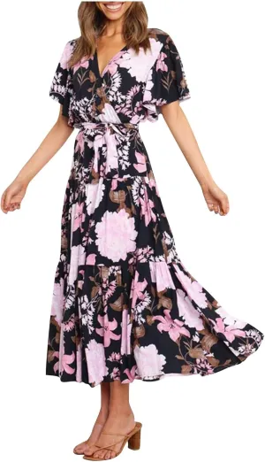 Womens Dresses V Neck Ruffle Sleeve Ankle Length Gowns Flowy Pleated Swing Wrap Boho Beach Dress