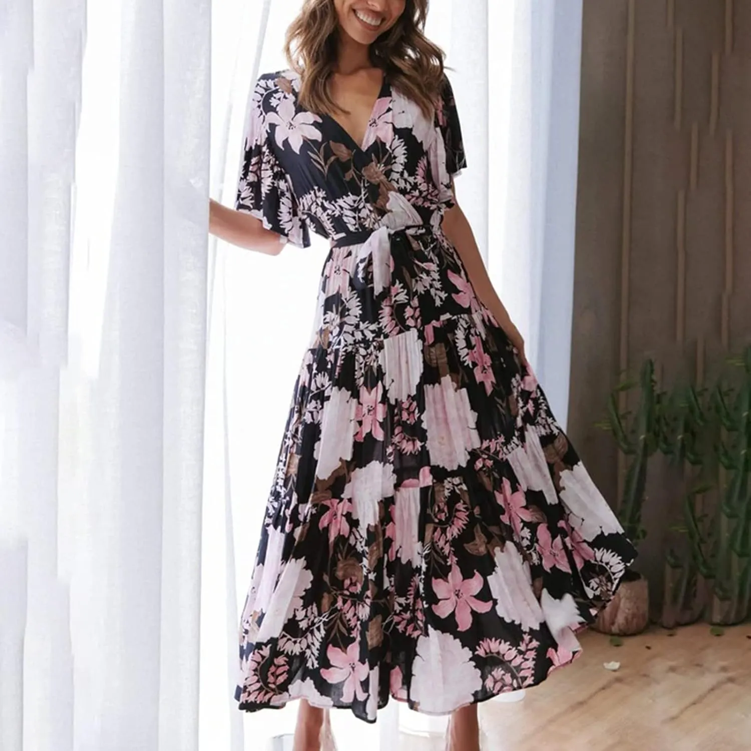 Womens Dresses V Neck Ruffle Sleeve Ankle Length Gowns Flowy Pleated Swing Wrap Boho Beach Dress