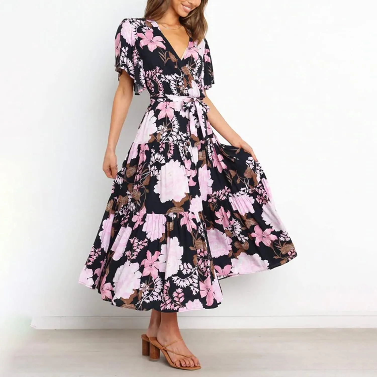 Womens Dresses V Neck Ruffle Sleeve Ankle Length Gowns Flowy Pleated Swing Wrap Boho Beach Dress