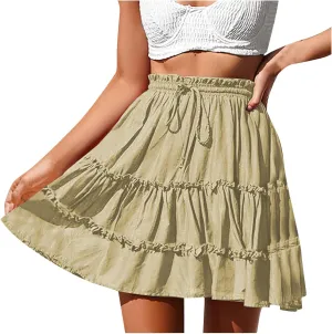 Women's Summer Boho Mini Skirt 2025 Elastic High Waist Drawstring Tiered Skirts Solid Color Pleated Beach Skirt