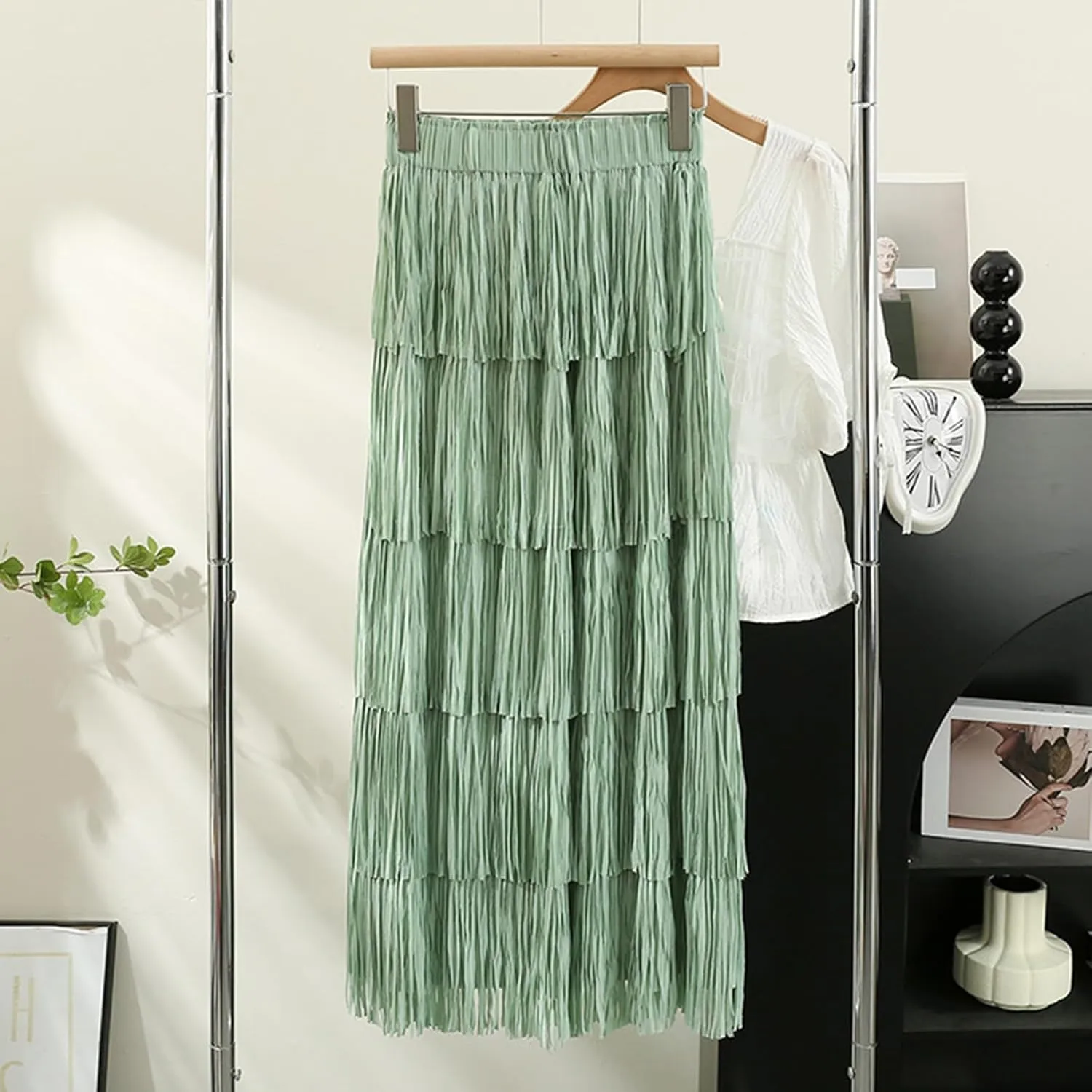 Women's Tassel High Waist Midi Skirts Solid Color Elegant Tiered Skirt Trendy A-Line Skirts Party Ankle Length Skirt