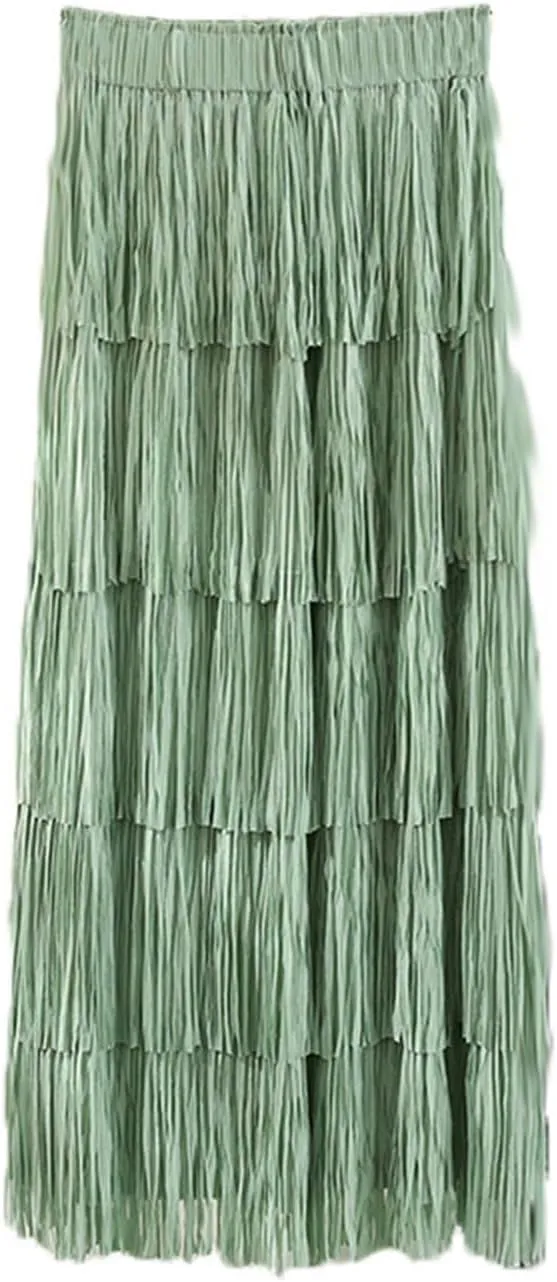 Women's Tassel High Waist Midi Skirts Solid Color Elegant Tiered Skirt Trendy A-Line Skirts Party Ankle Length Skirt