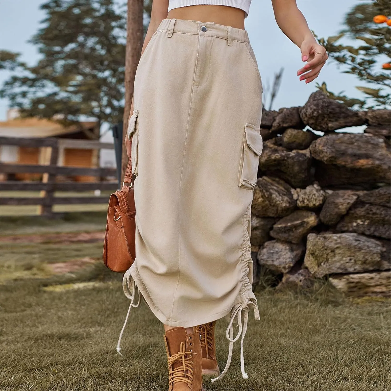 Y2k Cargo Denim Long Skirts for Women - Trendy High Waisted Vintage Split Side Drawstring Midi Skirt with Flap Pockets